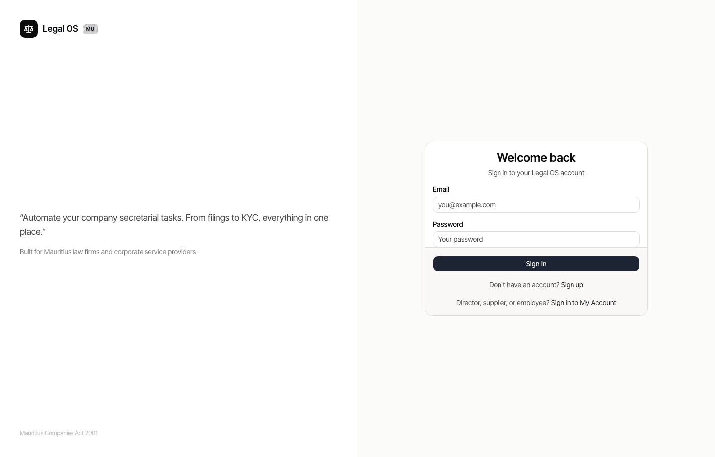 Legal OS companies register showing entities, directors and officers